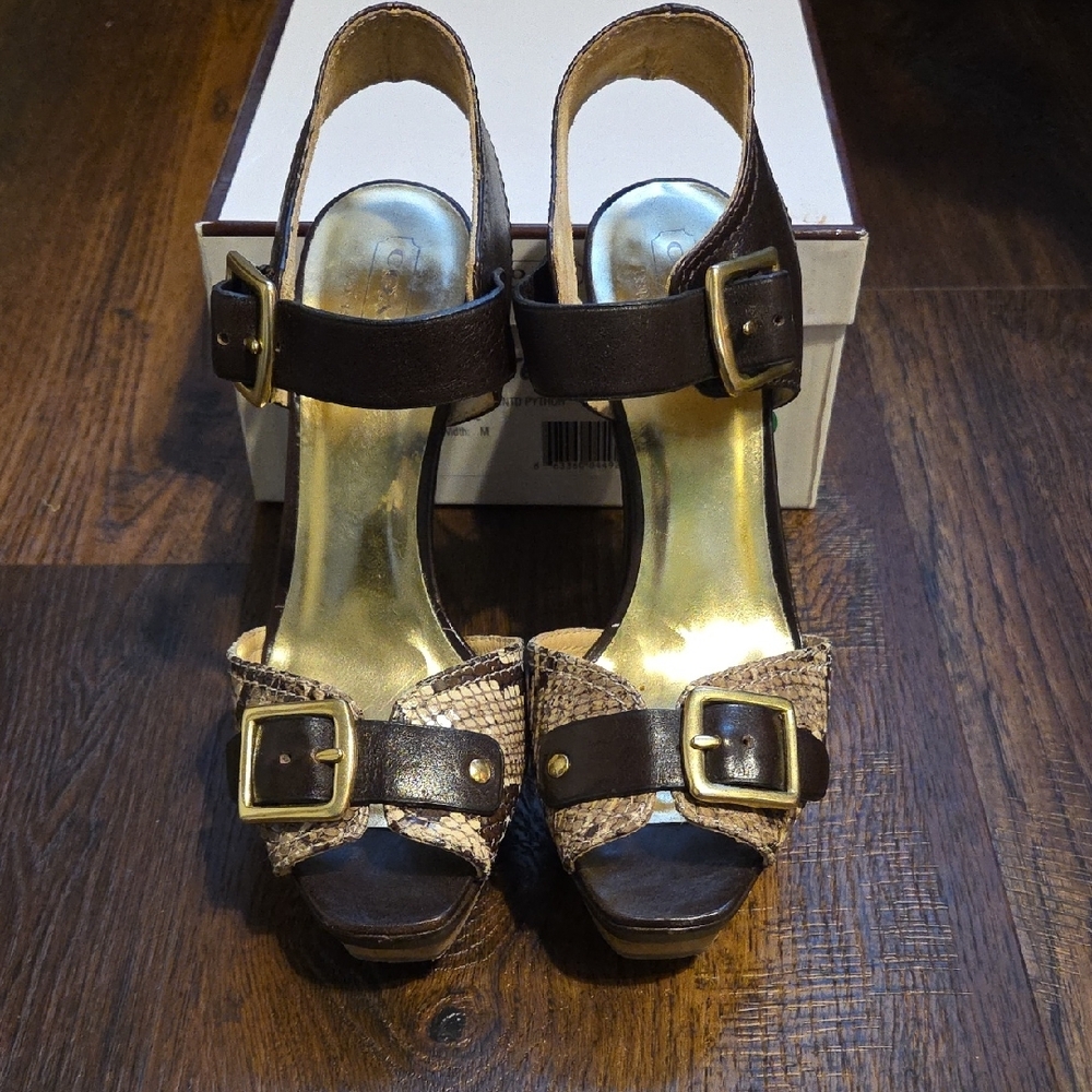IN BOX Coach Dark Brown Python Print Wood Heeled Platform Sandals 7.5